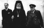 Winston Churchill (right) with Anthony Eden and Regent of Greece, Archbishop Damaskinos