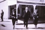 Dame Pattie, Robert Menzies and his sister, Mrs Isobel Green, in front of the store in Jeparit where he was born